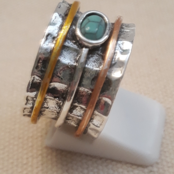 Stacked Sterling Silver/Hammered Turquoise Band Ring (6, 7, 8, 9, 10, 11) - Picture 2 of 7